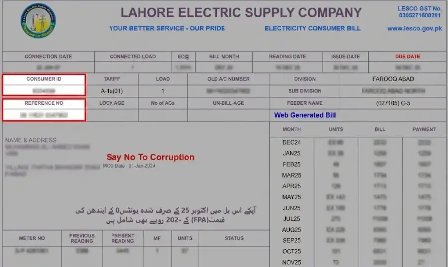 Reference Number and Consumer ID Location on LESCO Bill